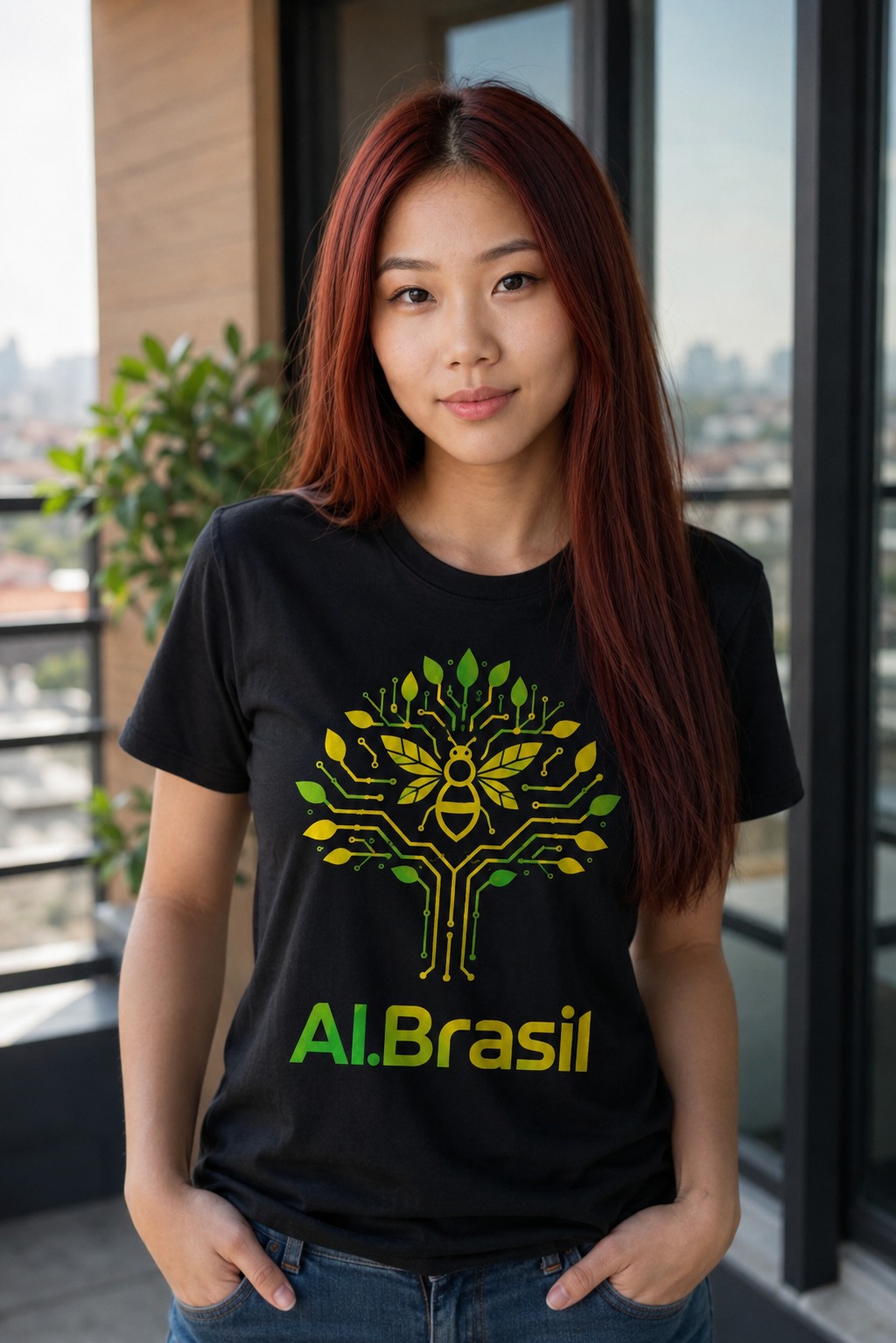 Lina Amai com a camiseta AI.Brasil na varanda